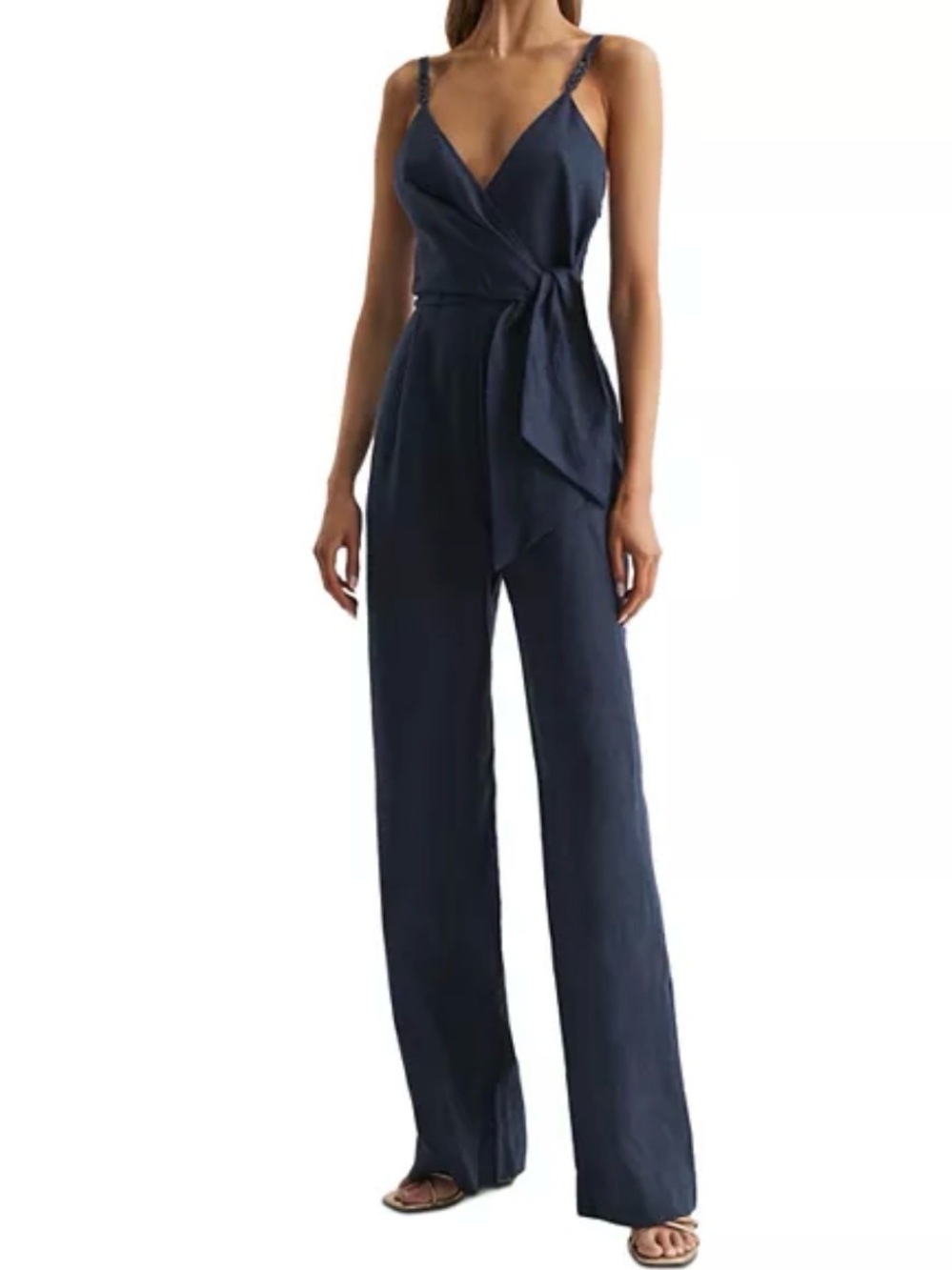 REISS NAVY BLUE EMILIA LINEN JUMPSUIT WIDE LEG SLEEVELESS ONE PIECE SZ 8